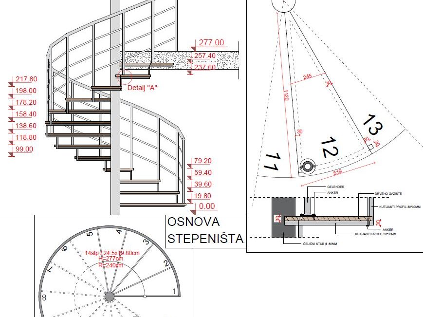 Kružno stepenište od bravarskih kutija - tehnički crtež