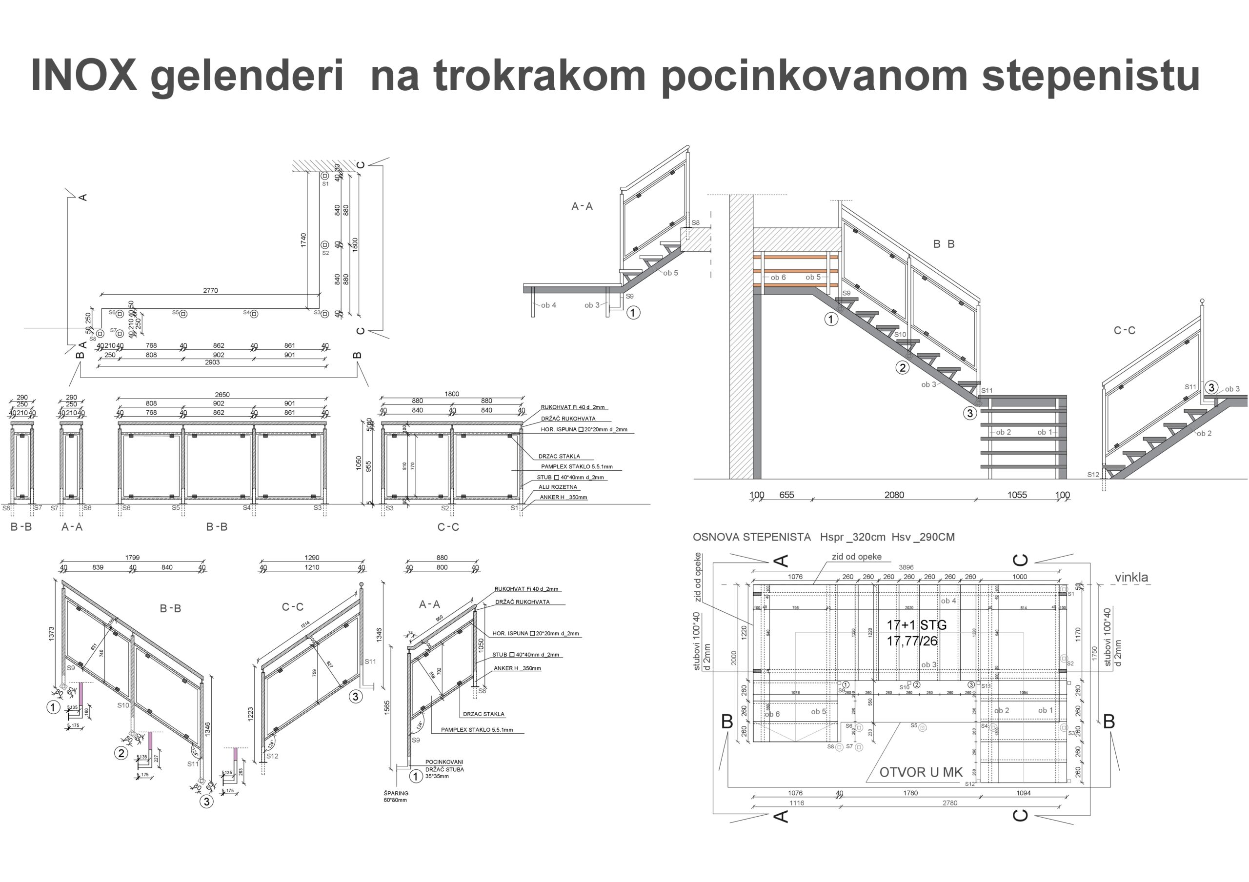 Gelenderi na pocinkovanom stepeništu - tehnički crtež
